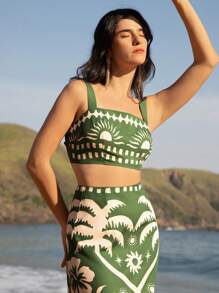 CAJUNI 2pcs Women Summer Vacation Sun And Coconut Tree Print Cropped Cami Top And Fitted Maxi Skirt Green Casual Tropical Boho Set