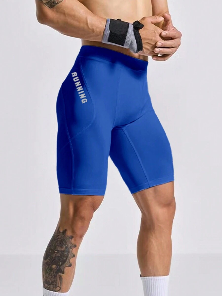 Manfinity Fitness Boyfriend Style Men's Letter Printed Casual  Workout Short  Leggings Spandex Short Breathable - Blue - View 1