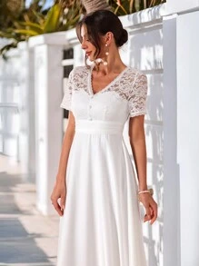 SHEIN Belle Vestido floral de manga corta con encaje en el escote en V, vestido de novia - Blanco - Ver 4