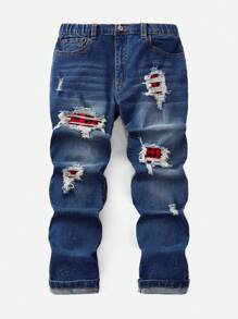 SHEIN Tween Boy 基本款休闲复古洗水拼色牛仔裤