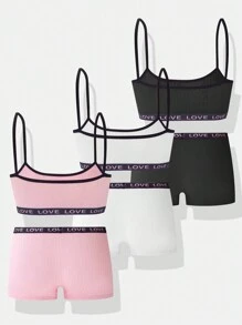 Tween Girls Simple Solid Color English Alphabet Elastic Braided Strap Tank Top And Shorts 3pcs Comfortable Underwear Set - Multicolor - View 2