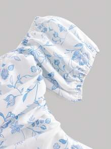 SHEIN Girlism Tween 女童休闲花卉印花露肩褶皱连衣裙