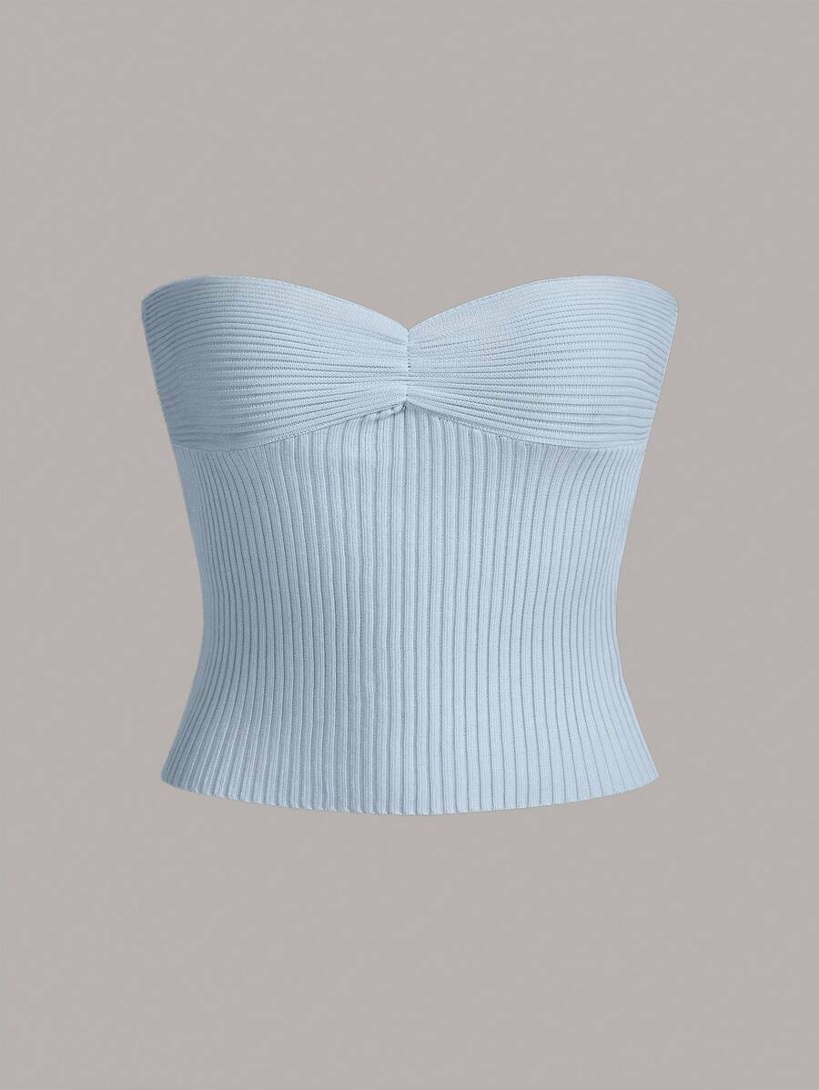 SHEIN EZwear Women's Ruched Backless Cropped Knit Top - Baby Blue - View 1