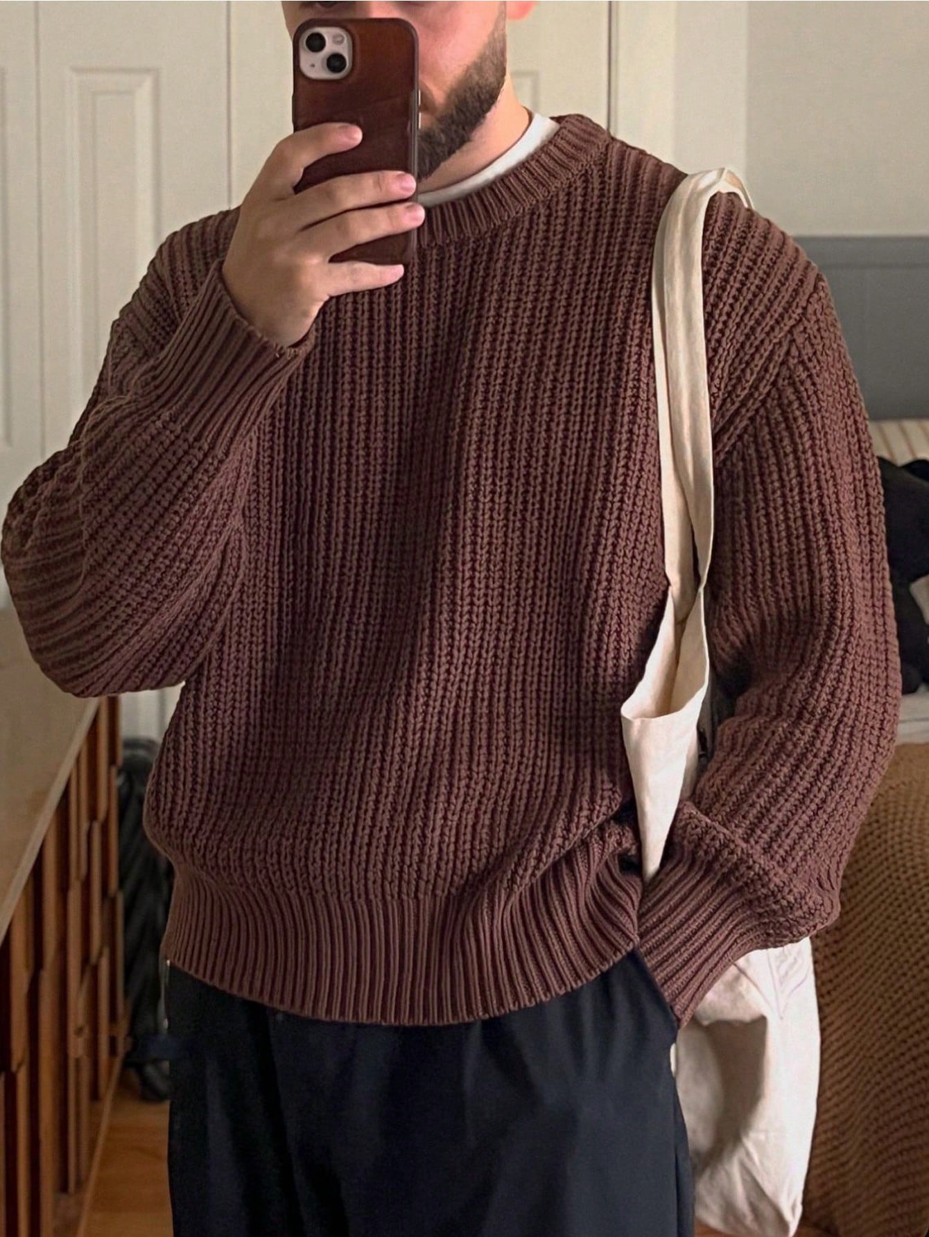 Manfinity Dauomo Men's Plus Size Solid Color Crew Neck Long Sleeve Loose Knit Sweater For Casual Wear, Autumn & Winter