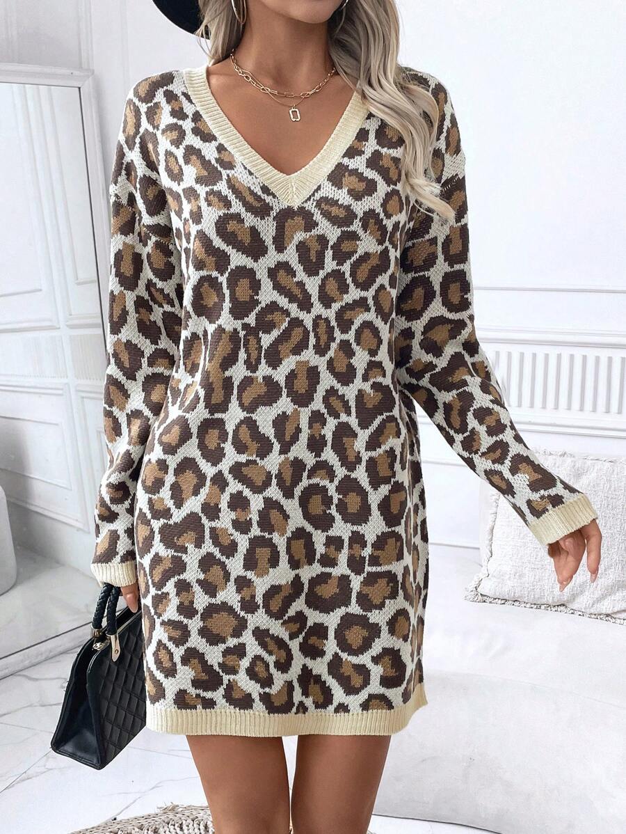 SHEIN Clasi Women Leopard Print Long Sleeve Sweater Dress - Camel - View 1