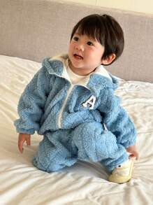 SHEIN 2 件装男婴休闲保暖纯色羊毛连帽衫和裤子套装，冬季 - 藍色 - 查看 5