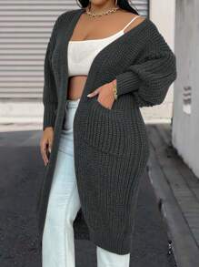 SHEIN LUNE Plus Size Women's Solid Color Dropped Shoulder Long Sleeve Casual Open Cardigan, Fall/Winter - Dark Grey - View 5