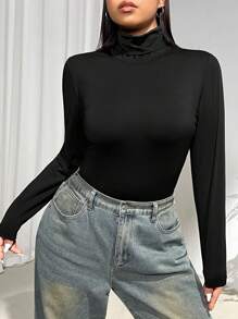 GalTyme Plus Size Women Black Turtleneck Bodysuit, Fall/Winter - Black - View 3