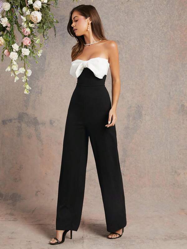 L'Amorae Chic Two-Tone Jumpsuit With Black Bow Top And White Wide-Leg Pants Christmas Clothes Women