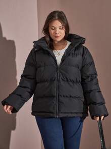 RueChic Plus Zip Up Hooded Padded Coat - Black - View 6