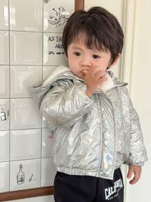 SHEIN Áo khoác có mũ lót nhiệt họa tiết ngôi sao ba chiều thường ngày cho bé trai, áo khoác ngoài ấm áp cho mùa thu và đông - Bạc - Xem 3