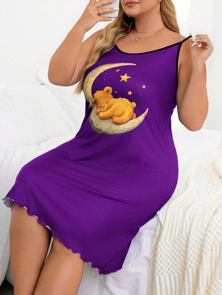 Plus Size Women Bear Print Cami Nightgown