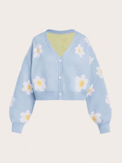 SHEIN Girlism 少女花朵图案宽松纽扣长袖开衫