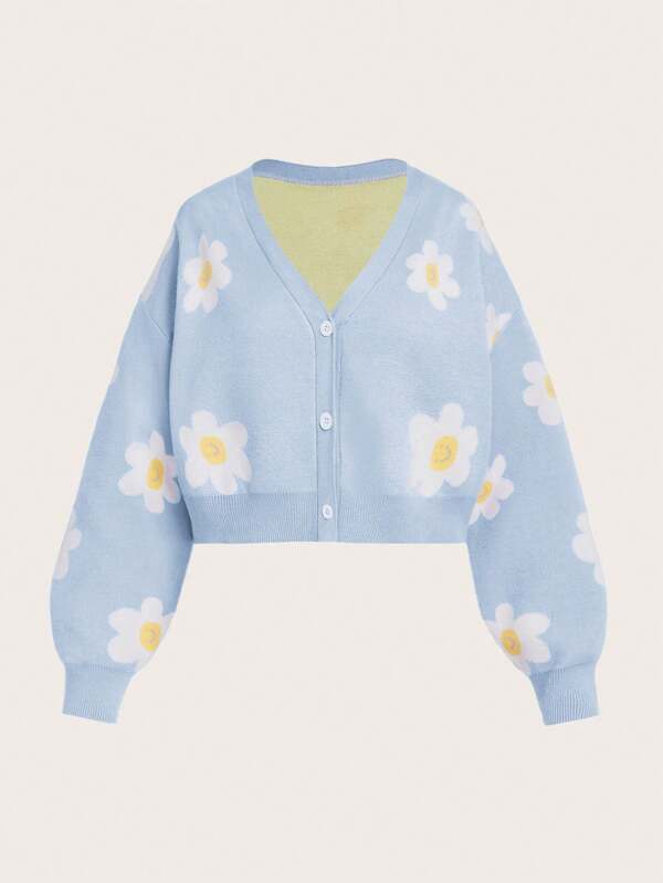 SHEIN Girlism Teen Girl Flower Pattern Loose Button Down Long Sleeve Cardigan Sweater,In Fall/Winter