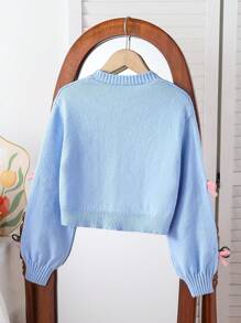SHEIN Elladie kids Tween Girl 超大休闲可爱柔软简约温暖优雅 3D 蝴蝶结针织开衫 - 浅蓝色，适合日常穿着、学校、派对、秋冬季 - 淺藍色 - 查看 2