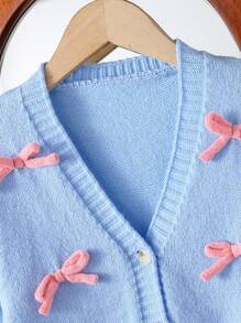 SHEIN Elladie kids Tween Girl 超大休闲可爱柔软简约温暖优雅 3D 蝴蝶结针织开衫 - 浅蓝色，适合日常穿着、学校、派对、秋冬季 - 淺藍色 - 查看 4