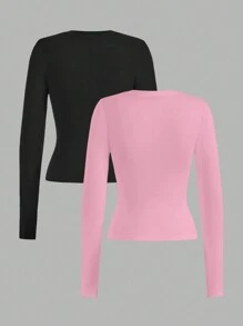 SHEIN EZwear 2 件套女士休闲修身长袖 T 恤，黑色和粉色，适合秋冬季 - 彩色 - 查看 2