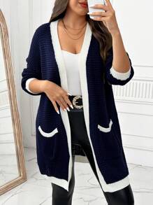 SHEIN LUNE 大码女式秋冬拼色落肩长袖休闲长款开衫