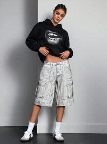 SHEIN ICON Pantalones cortos vaqueros desteñidos y sencillos de uso casual para mujeres