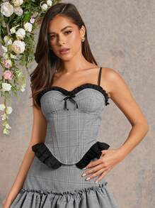 L'Amorae Top sin tirantes a cuadros con volantes de organza