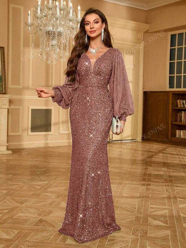 UNITHORSE UNITHORSE Women's Deep V Neck Mermaid Hem Sparkly Lantern Sleeve Party Dress Wedding Guest Dress Formal Dress Evening Dress, Bride Dress, Birthday Outfits, Graduation Dress,Gown