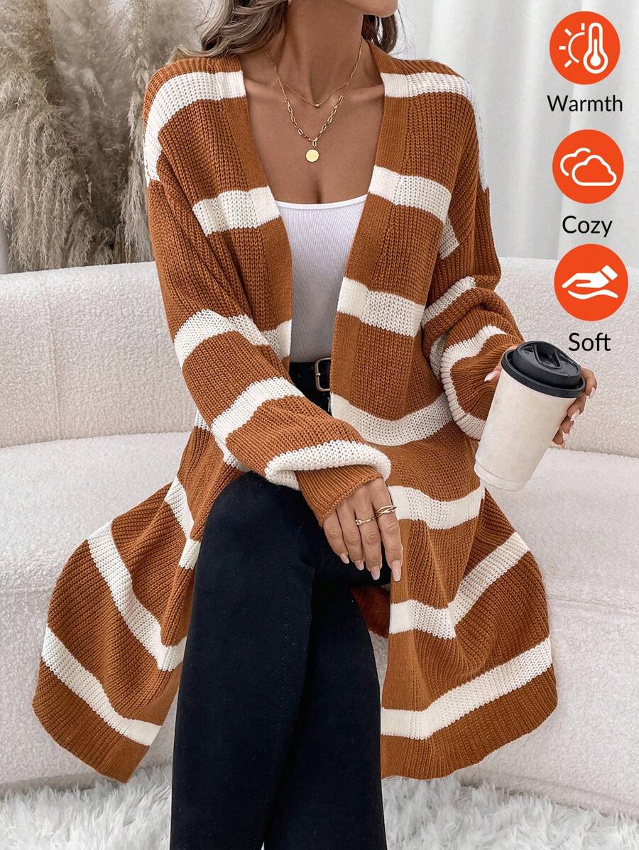 SHEIN LUNE 1 pieza Cárdigan largo beige cálido para mujer, otoño - Caqui - Ver 1