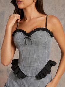 L'Amorae Top sin tirantes a cuadros con volantes de organza