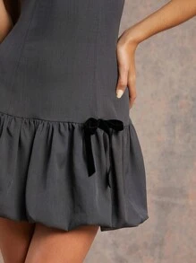 SHEIN Unity Bow Trim Casual Solid Balloon Puff Hem Short Dress - Dark Grey - View 2