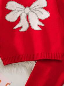 SHEIN 2 件套女婴蝴蝶结针织毛衣和裤子套装，秋冬季特殊纹理弹性舒适拼色服装，适合万圣节、圣诞节、返校、时尚休闲多种颜色，粉色甜美休闲装，适合居家、日常、派对 - 紅色 - 查看 6