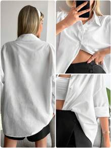 Cottnline Cotton Women's Solid Color Loose Long Sleeve Drop Shoulder Shirt