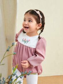 SHEIN LMoss Kids LMoss Baby Girl Newborn Baby Girl Autumn Cute Corduroy Patchwork Embroidery Coverall - Pink - View 3