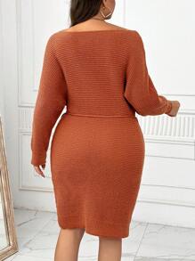 SHEIN Clasi Plus Size Casual Solid Color Batwing Sleeve Sweater Dress, Spring/Autumn Fall Cloth For Women - Coffee Brown - View 2