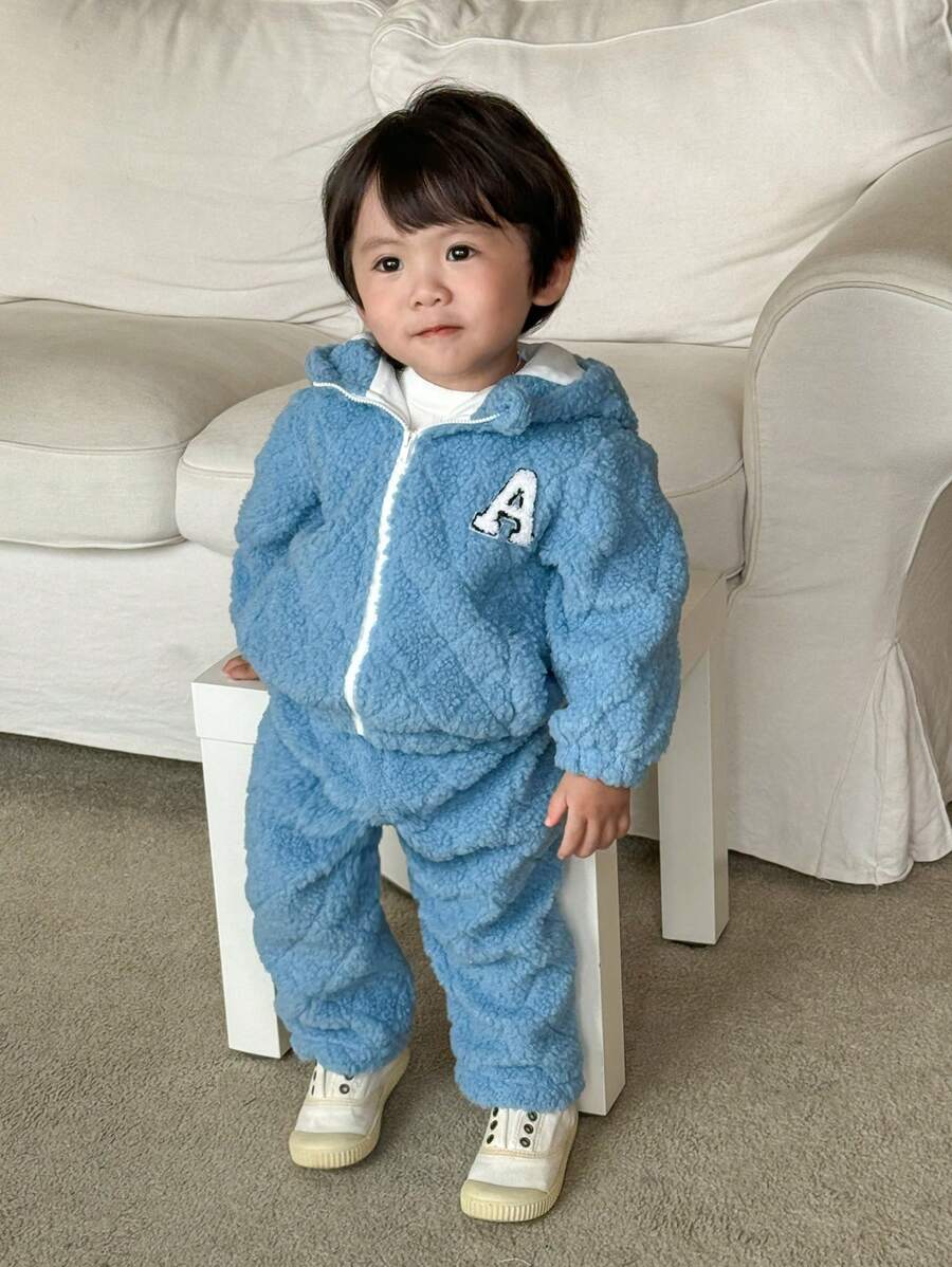 SHEIN 2 件装男婴休闲保暖纯色羊毛连帽衫和裤子套装，冬季 - 藍色 - 查看 1