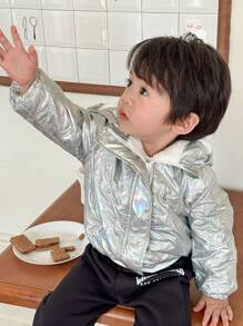 SHEIN Áo khoác có mũ lót nhiệt họa tiết ngôi sao ba chiều thường ngày cho bé trai, áo khoác ngoài ấm áp cho mùa thu và đông - Bạc - Xem 6