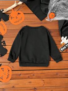1pc Young Boys Black Casual Cute Ghost Colorful Text Halloween Pattern Thermal Lined Raglan Crewneck Thick Sweatshirt, Suitable For Daily, Family Events, Halloween, Autumn Winter - Black - View 2
