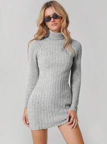 Easelle Gray Turtleneck Knitted Bodycon  Raglan Sleeve Sweater Dress For Casual Wear, Winter/Fall - Grey - View 1