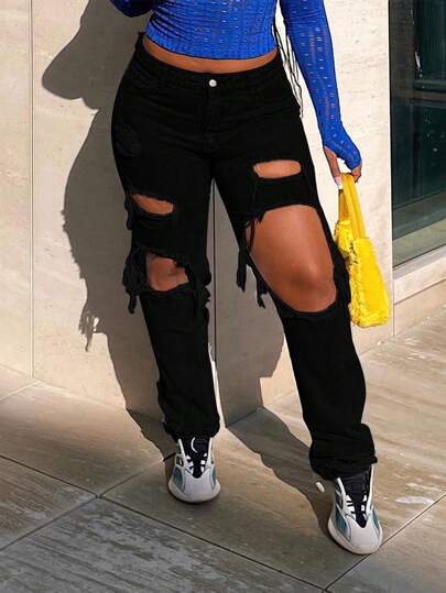 American Streetwear Style Mid-Rise Straight Distressed Denim Jeans