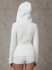 SHEIN BAE Femmes unicolore Zip à capuche Manches longues Chandail décontracté Chandail Cardigan Chandail Femmes Cardigans Femmes pull à capuche Chandails d'automne Parementure texturée Zip Cardigan femme est hypoallergénique et doux