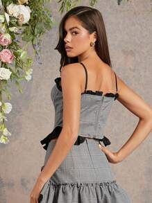 L'Amorae Top sin tirantes a cuadros con volantes de organza