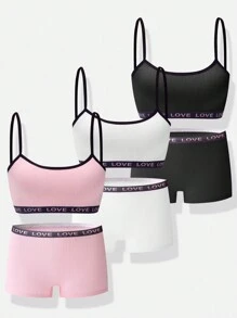 Tween Girls Simple Solid Color English Alphabet Elastic Braided Strap Tank Top And Shorts 3pcs Comfortable Underwear Set - Multicolor - View 1