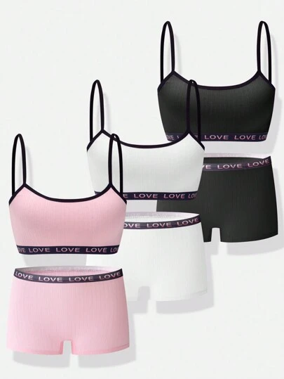 Tween Girls Simple Solid Color English Alphabet Elastic Braided Strap Tank Top And Shorts 3pcs Comfortable Underwear Set
