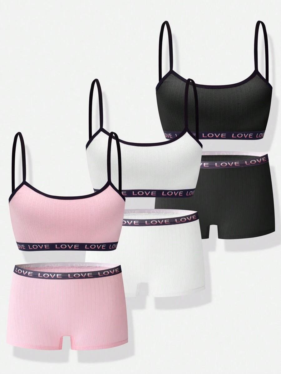 Tween Girls Simple Solid Color English Alphabet Elastic Braided Strap Tank Top And Shorts 3pcs Comfortable Underwear Set - Multicolor - View 1
