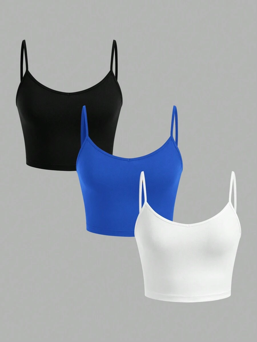 SHEIN EZwear 3件套女士休闲紧身露脐吊带背心，适合夏季穿着