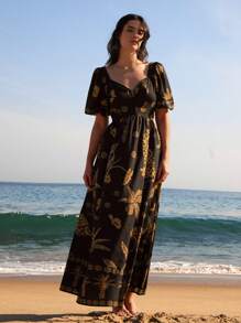 CAJUNI Women's Vacation Boho Casual Beach Tropical  Coconut Tree And Leopard  Prints Half-Sleeved Bishop Sleeve Summer Dress