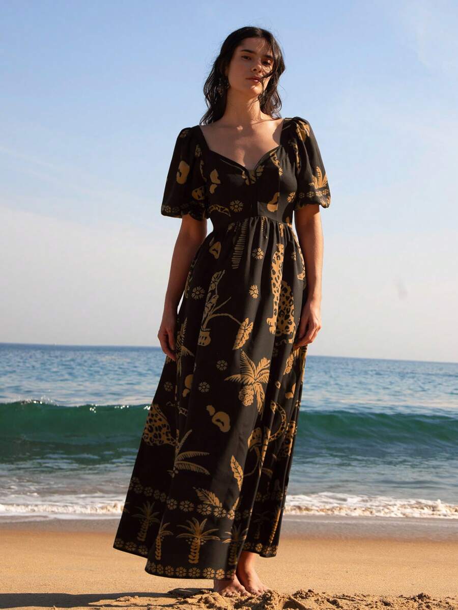 CAJUNI Women's Vacation Boho Casual Beach Tropical  Coconut Tree And Leopard  Prints Half-Sleeved Bishop Sleeve Summer Dress