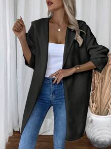 SHEIN LUNE 中长款纯色针织连帽开衫，休闲日常穿着，秋冬季 - 黑色 - 查看 5