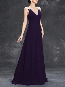 V-Ausschnitt Kleid mit Pailletten-Besatz und A-Linie aus Chiffon - Violett - Übersicht 5