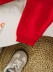 SHEIN 2 件套女婴蝴蝶结针织毛衣和裤子套装，秋冬季特殊纹理弹性舒适拼色服装，适合万圣节、圣诞节、返校、时尚休闲多种颜色，粉色甜美休闲装，适合居家、日常、派对 - 紅色 - 查看 7