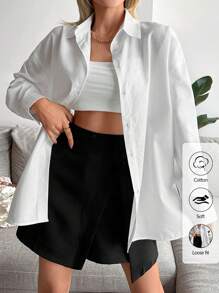 Cottnline Cotton Women's Solid Color Loose Long Sleeve Drop Shoulder Shirt