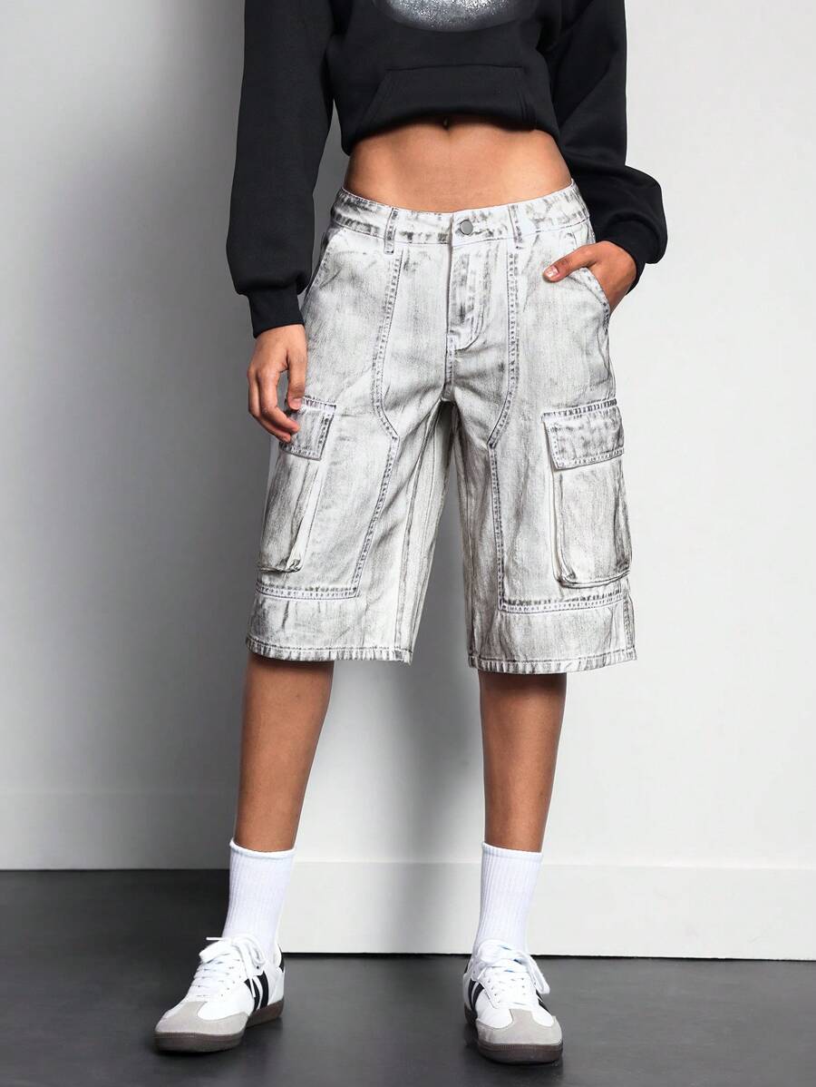 SHEIN ICON Pantalones cortos vaqueros desteñidos y sencillos de uso casual para mujeres